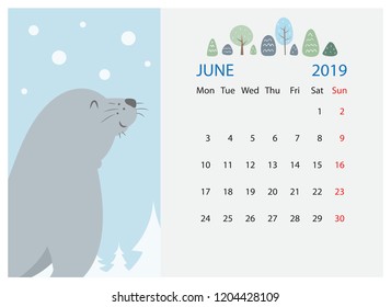 June 2019 calendar design in cute cartoon style.