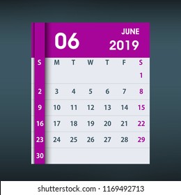 June 2019 Calendar Leaf. Flat design. Monthly calendar design template. Week starts on Sunday. Business vector illustration.