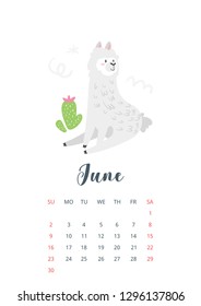 June 2019 calendar page. Cute lama. Alpaca animal sitting near the cactus. Vector illustration, isolated on white background.