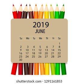Kalenderseite Juni 2019. Vektorgrafik.