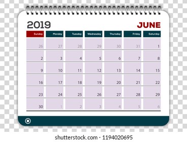 June 2019. Calendar planner design template. Week starts on Sunday. 