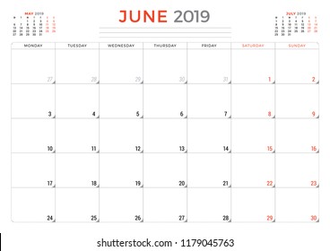 June 2019. Calendar planner stationery design template. Vector illustration