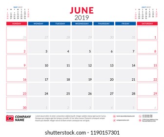 June 2019. Calendar planner stationery design template. Vector illustration. Week starts on Sunday