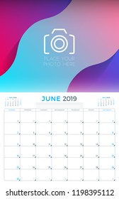 June 2019. Calendar planner stationery design template with place for photo. Week starts on Sunday. Vector illustration