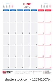 June 2019. Calendar planner stationery design template. Portrait orientation. Week starts on Monday