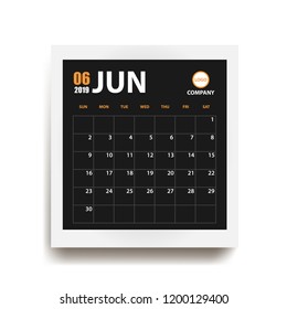 June 2019 calendar in realistic photo frame with shadow isolated. Event planner. All size. Vector illustration