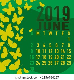 June 2019 calendar template with abstract yellow butterflies on green background