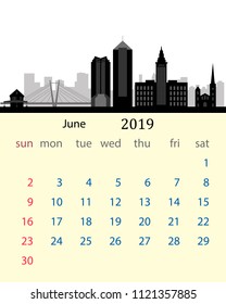 June 2019 calendar of the United States with the city skyline of Cleveland