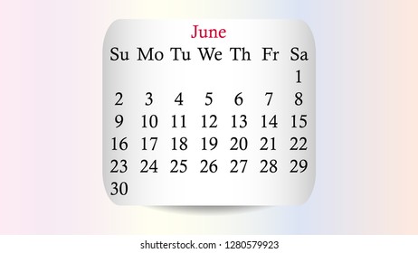 June 2019. Calendar 2019 vector design. Date on the curved stickers on the pastel background