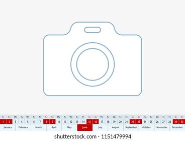 June 2019 for desk calendar, one line vector template calendar in English.