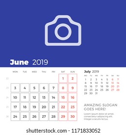 June 2019 desk calendar page. Week starts on Monday. Vector design print template