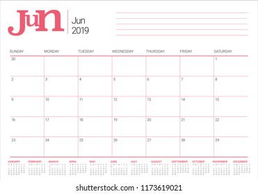 June 2019 desk calendar vector illustration, simple and clean design.