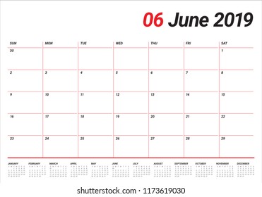 June 2019 desk calendar vector illustration, simple and clean design.