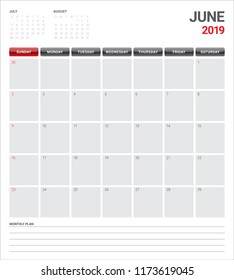 June 2019 desk calendar vector illustration, simple and clean design.