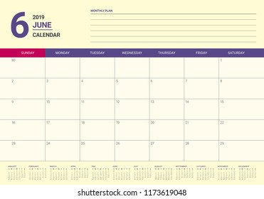 June 2019 desk calendar vector illustration, simple and clean design.