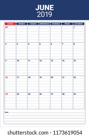 June 2019 desk calendar vector illustration, simple and clean design.