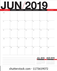 June 2019 desk calendar vector illustration, simple and clean design.