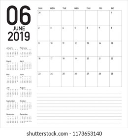 June 2019 desk calendar vector illustration, simple and clean design.