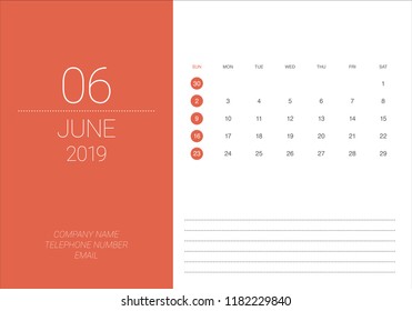 June 2019 desk calendar vector illustration, simple and clean design. 