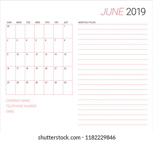 June 2019 desk calendar vector illustration, simple and clean design. 