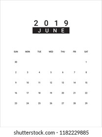 June 2019 desk calendar vector illustration, simple and clean design. 