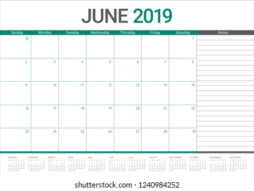 June 2019 desk calendar vector illustration, simple and clean design.