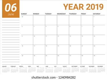 June 2019 desk calendar vector illustration, simple and clean design.