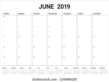 June 2019 desk calendar vector illustration, simple and clean design.