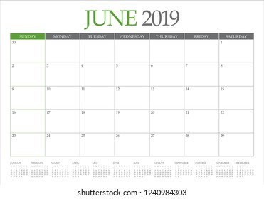 June 2019 desk calendar vector illustration, simple and clean design.