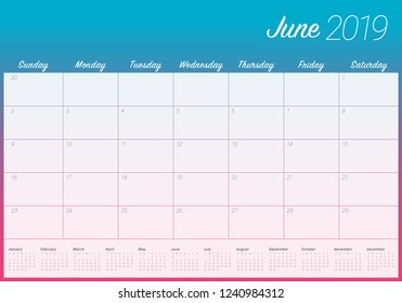 June 2019 desk calendar vector illustration, simple and clean design.