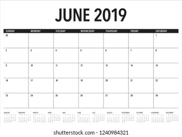 June 2019 desk calendar vector illustration, simple and clean design.