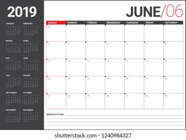 June 2019 desk calendar vector illustration, simple and clean design.