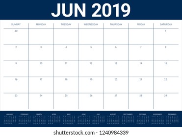 June 2019 desk calendar vector illustration, simple and clean design.
