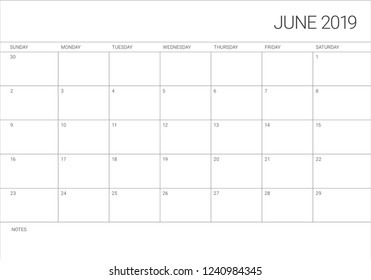 June 2019 desk calendar vector illustration, simple and clean design.