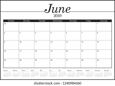 June 2019 desk calendar vector illustration, simple and clean design.