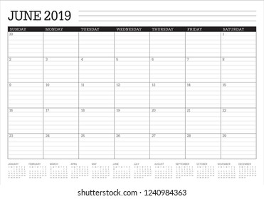June 2019 desk calendar vector illustration, simple and clean design.