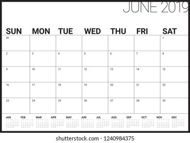 June 2019 desk calendar vector illustration, simple and clean design.