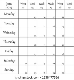 June 2019 Planner with number for each Weak