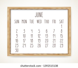 June 2019 vector monthly calendar. Week starting from Sunday. Hand drawn text in a wooden frame isolated over white background.