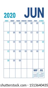 June 2020 calendar. Blue color planner. English calender template. Color vector grid. Office business planning. Creative design