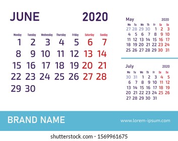 June 2020 Calendar Design. Vector template