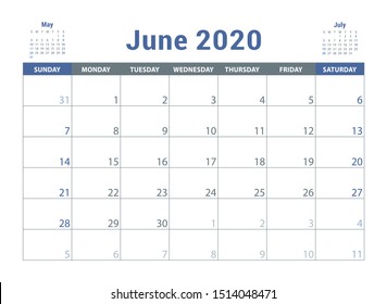June 2020 calendar. English planner. Сolor vector template. Week starts on Sunday. Business planning. New year calender. Clean minimal table. Simple design