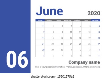 June 2020 calendar. English planner. Сolor vector template. Week starts on Sunday. Business planning. Clean minimal table. Simple design