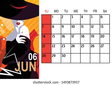 June. 2020 Calendar with fashion girl in Pop art style.