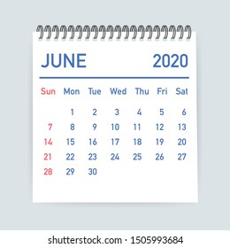 June 2020 Calendar Leaf. Calendar 2020 in flat style. Vector illustration.