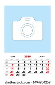 June 2020 calendar planner A3 size with place for your photo. Vector planner.