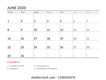 June 2020. Calendar planner stationery design template. Vector illustration. Week starts on Monday