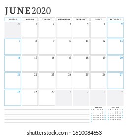June 2020. Calendar planner stationery design template. Vector illustration. Week starts on Sunday