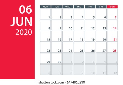 June 2020 Calendar Planner - vector illustration. Template. Mock up.