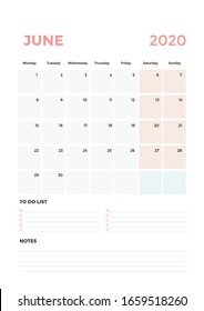 June 2020 Calendar Printable , Week starts on Monday